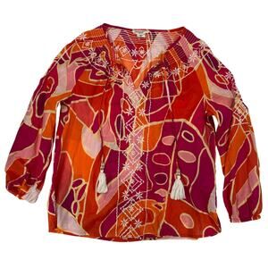 Christian Siriano Embroidered Boho Blouse Orange Pink Geometric Top Small Women